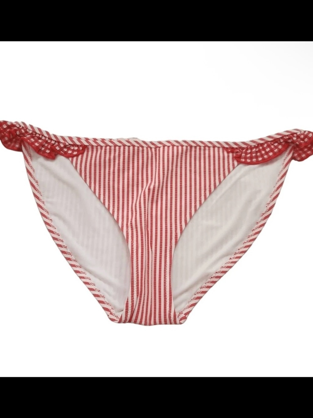 Aerie Small Red and White Striped Bikini Bottom Thin Light More Coverage Ruffle
